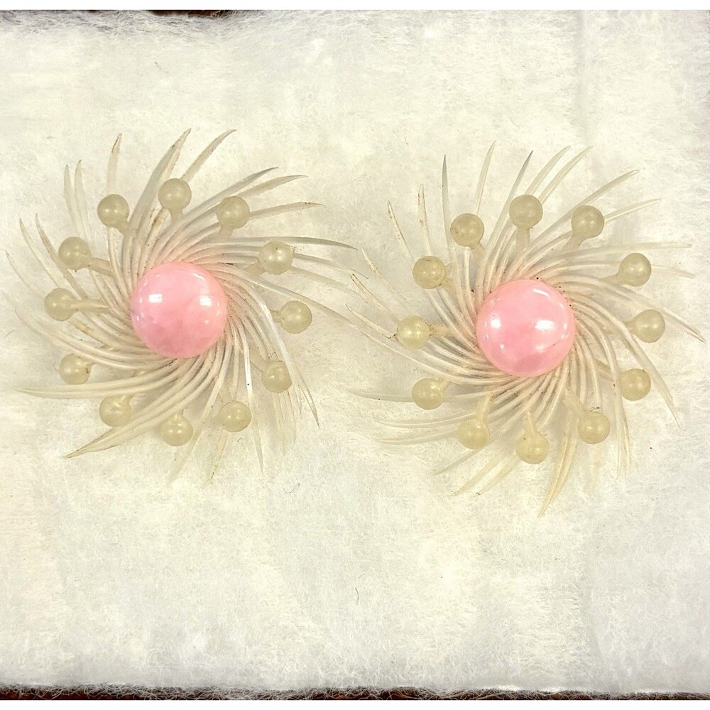 Vintage Western Germany Pink Lucite Sputnik Atomic Starburst Clip Earrings